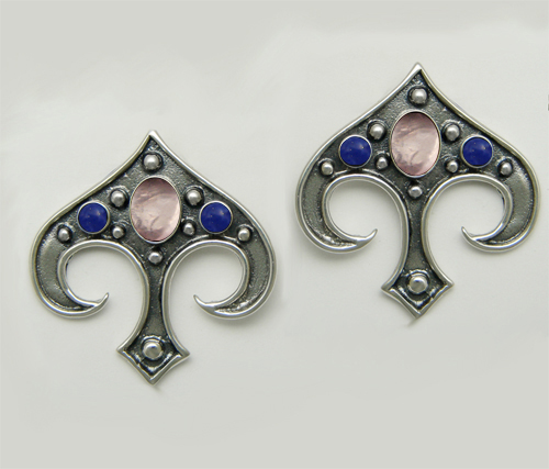 Sterling Silver Gothic Inspired Drop Dangle Earrings With Rose Quartz And Lapis Lazuli